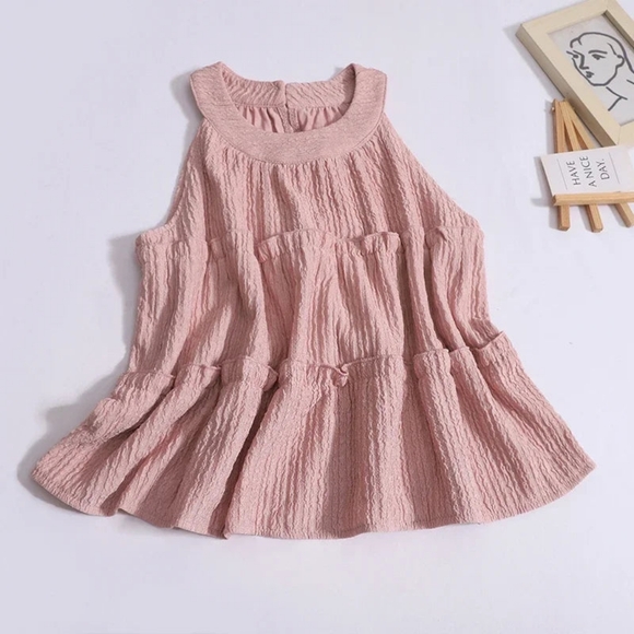 Summer New Sweet Ruffles O Neck Sleeveless Tops High Waist Loose Casual - pink - Picture 2 of 3